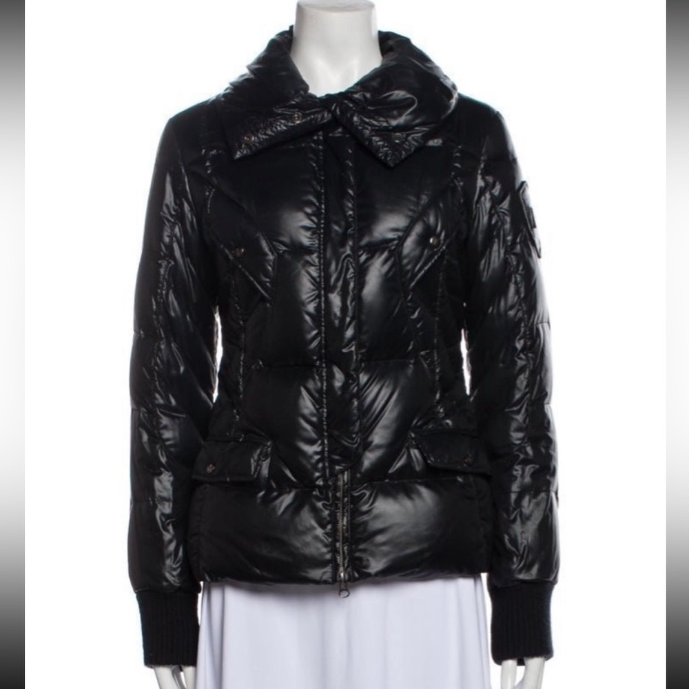 Black ADD down jacket with belt, flap pockets and zipper. Size 4